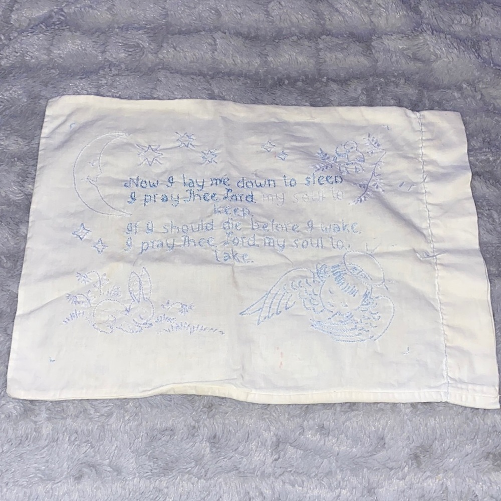 HUGE SALE Vintage hand embroidered blue/white little pillow case Now I lay..